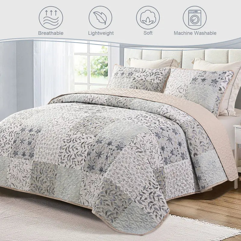 Boho Floral Patchwork Reversible Quilt Set - Ultra Soft 3-Piece Bedspread